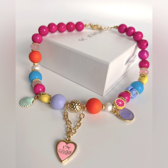 Gemstone Necklace Agate Stone Fimo Beads Handcrafted Necklace - Picture 3 of 8